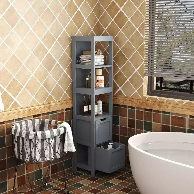 Armadietto pensile sottile con 3 ripiani e 2 cassetti, grigio blu/bianco, 11,8"L x 12"P x 57"H