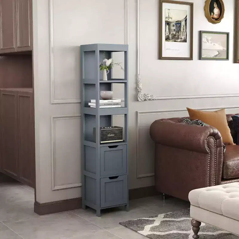 Armadietto pensile sottile con 3 ripiani e 2 cassetti, grigio blu/bianco, 11,8"L x 12"P x 57"H