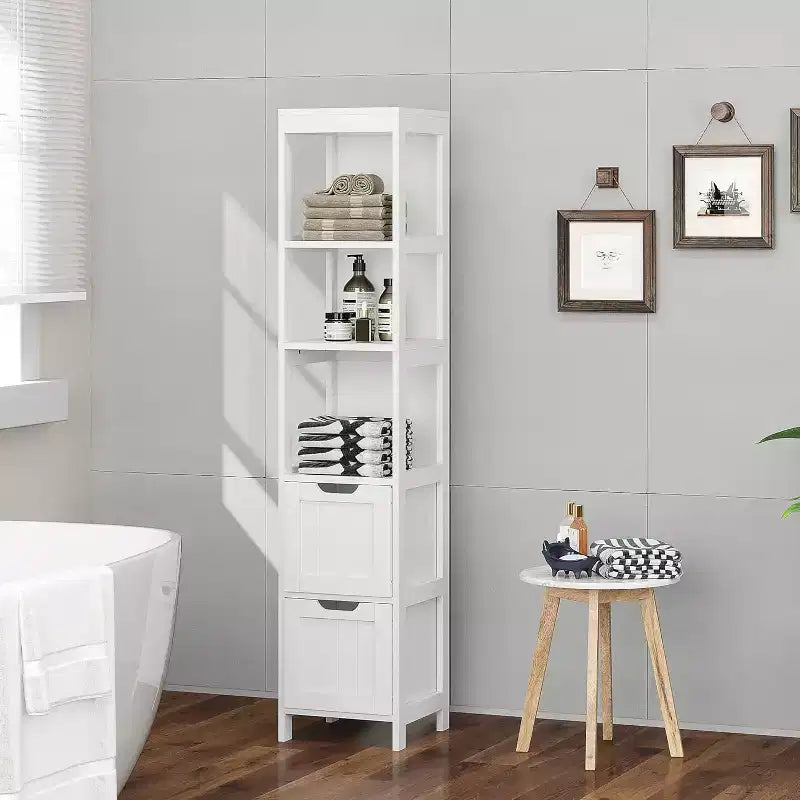 Armadietto pensile sottile con 3 ripiani e 2 cassetti, grigio blu/bianco, 11,8"L x 12"P x 57"H