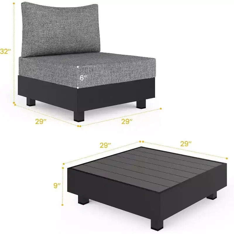 Heynemo Set da 5 Pezzi di Mobili da Giardino in Alluminio, Set Divano Sezionale da Esterno con Tavolino da Caffè, Set di Sedie Modulari Senza Braccioli per Piscina, Grigio