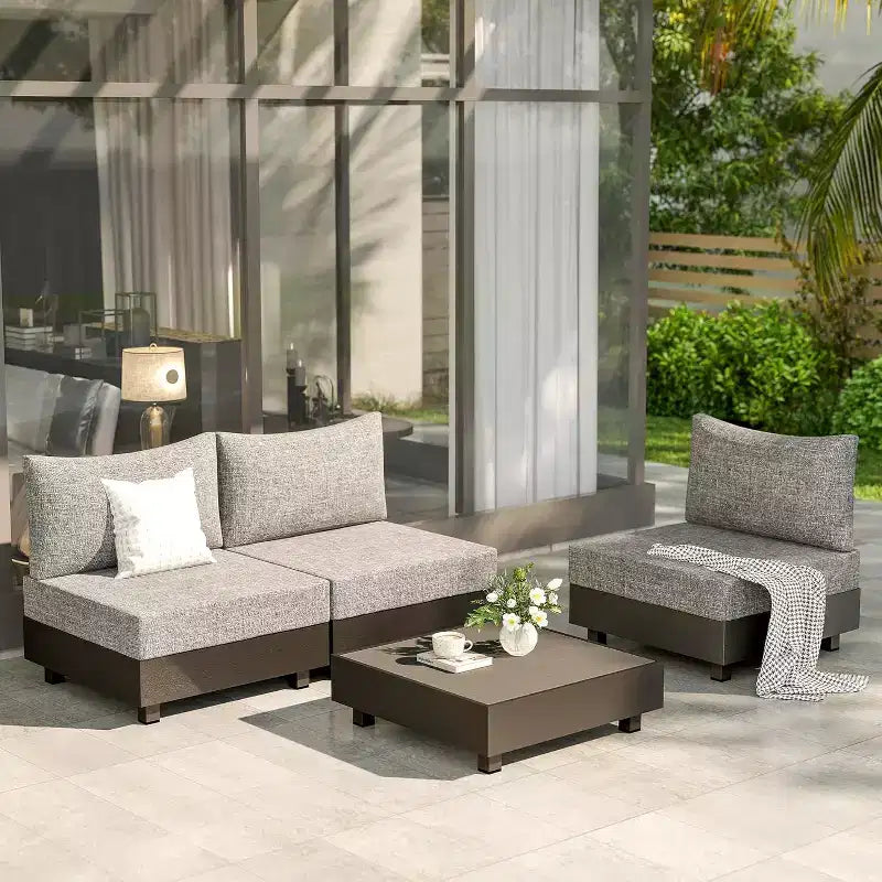 Heynemo Set da 5 Pezzi di Mobili da Giardino in Alluminio, Set Divano Sezionale da Esterno con Tavolino da Caffè, Set di Sedie Modulari Senza Braccioli per Piscina, Grigio