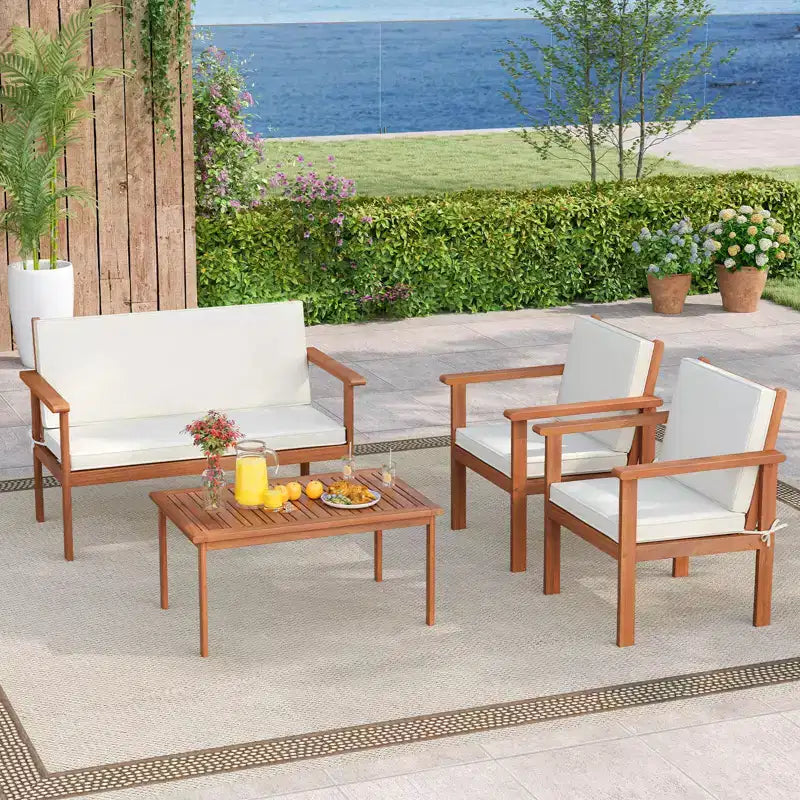 Set Costway 4/8 pz in Legno di Acacia con Divanetto e Poltrone Imbottiti
