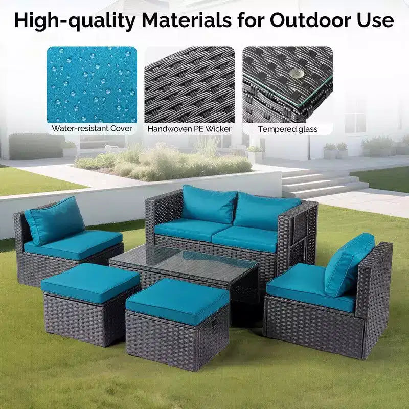 Set da conversazione Karl Home da 6 pezzi in vimini nero per patio con cuscini verde malachite