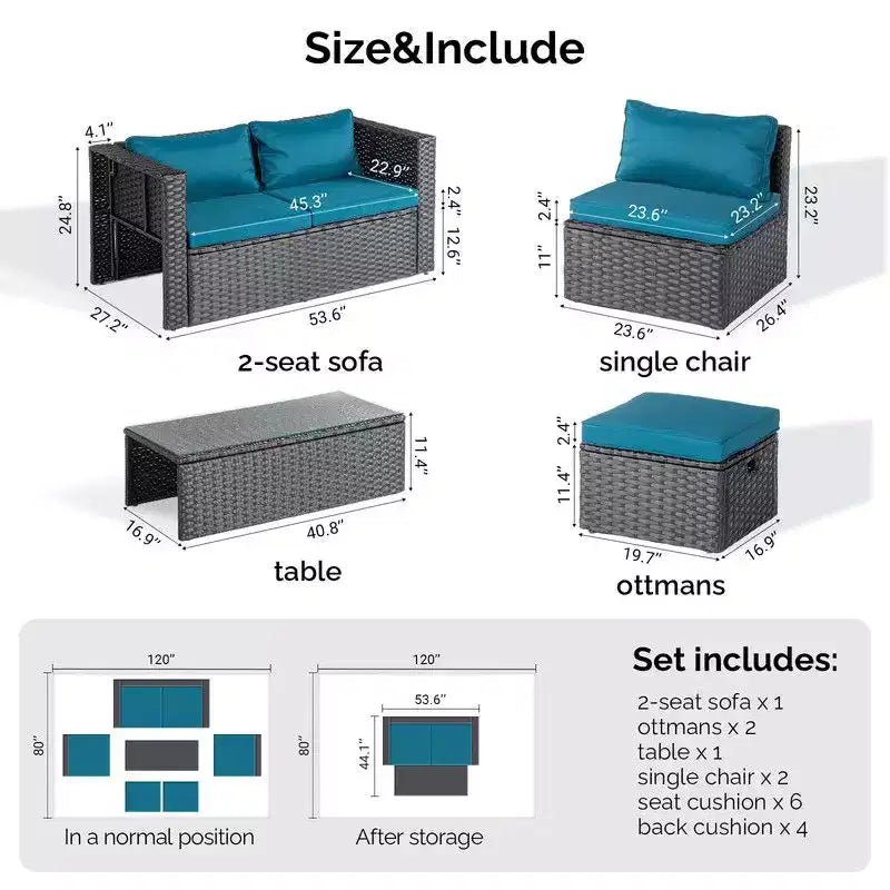 Set da conversazione Karl Home da 6 pezzi in vimini nero per patio con cuscini verde malachite