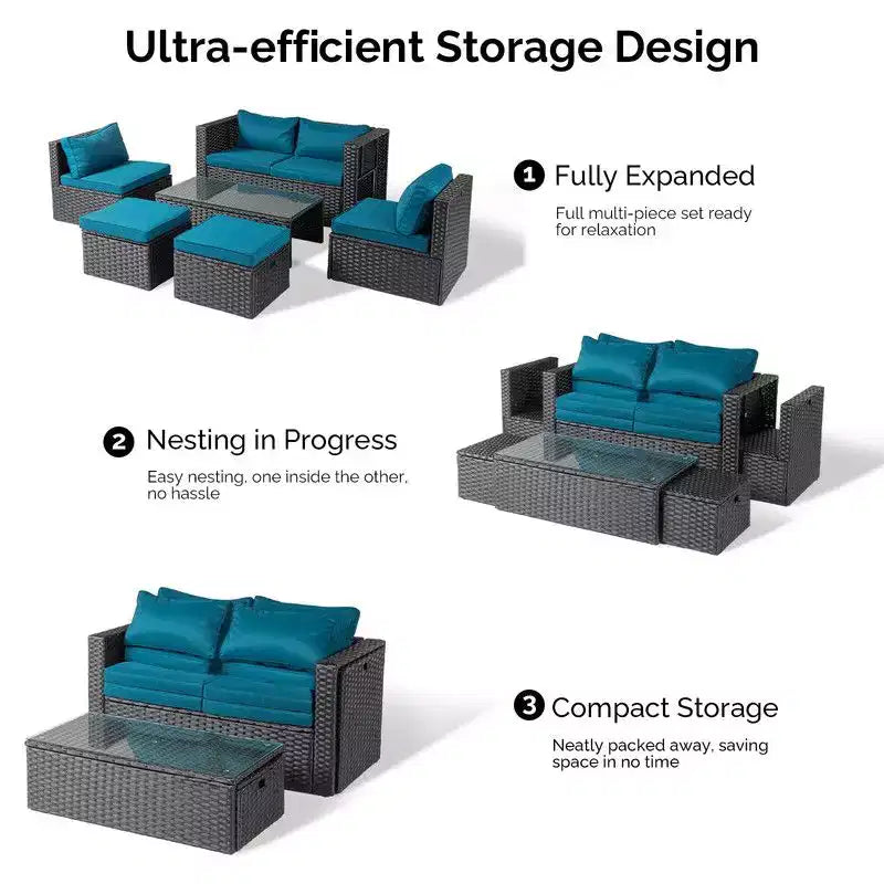 Set da conversazione Karl Home da 6 pezzi in vimini nero per patio con cuscini verde malachite