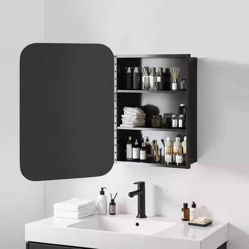 Pensile da bagno con specchio e cornice in metallo dorato, 1 anta, 3 ripiani