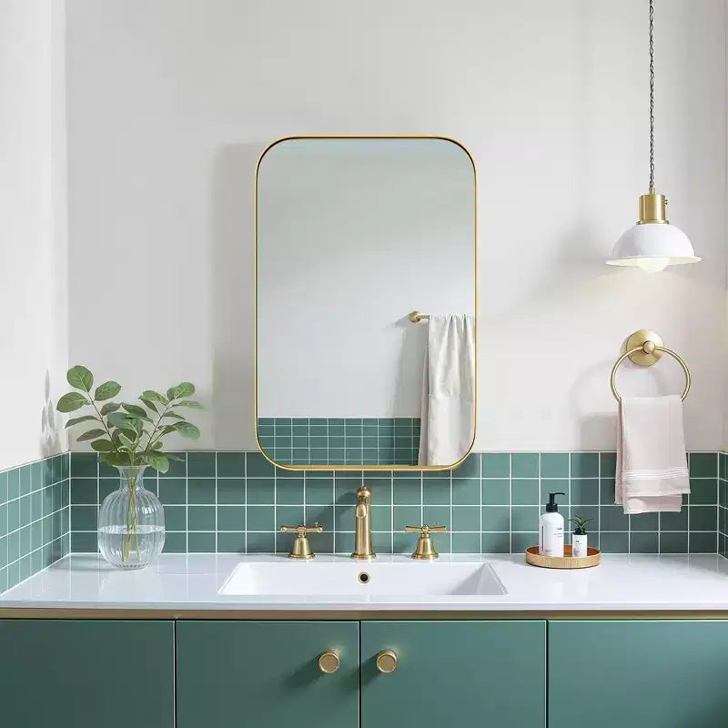 Pensile da bagno con specchio e cornice in metallo dorato, 1 anta, 3 ripiani