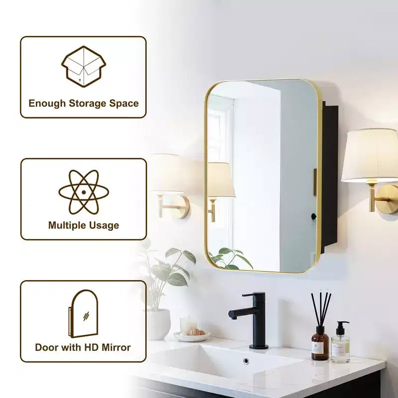 Pensile da bagno con specchio e cornice in metallo dorato, 1 anta, 3 ripiani