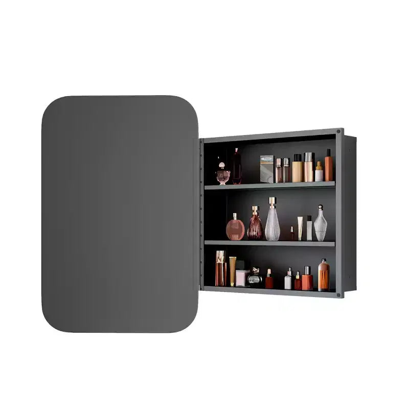 Pensile da bagno con specchio e cornice in metallo dorato, 1 anta, 3 ripiani