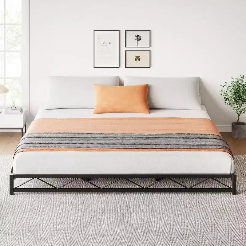 Struttura letto a piattaforma in metallo nero, motivo a onde, Queen/King/Full, per 1-2 persone