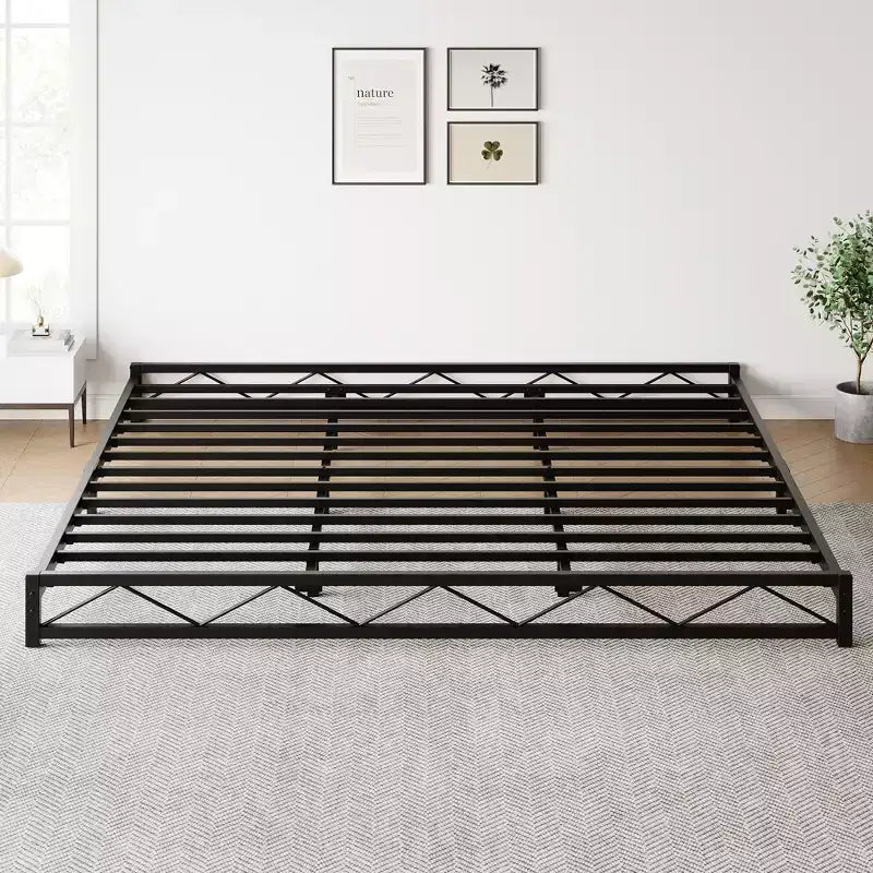 Struttura letto a piattaforma in metallo nero, motivo a onde, Queen/King/Full, per 1-2 persone