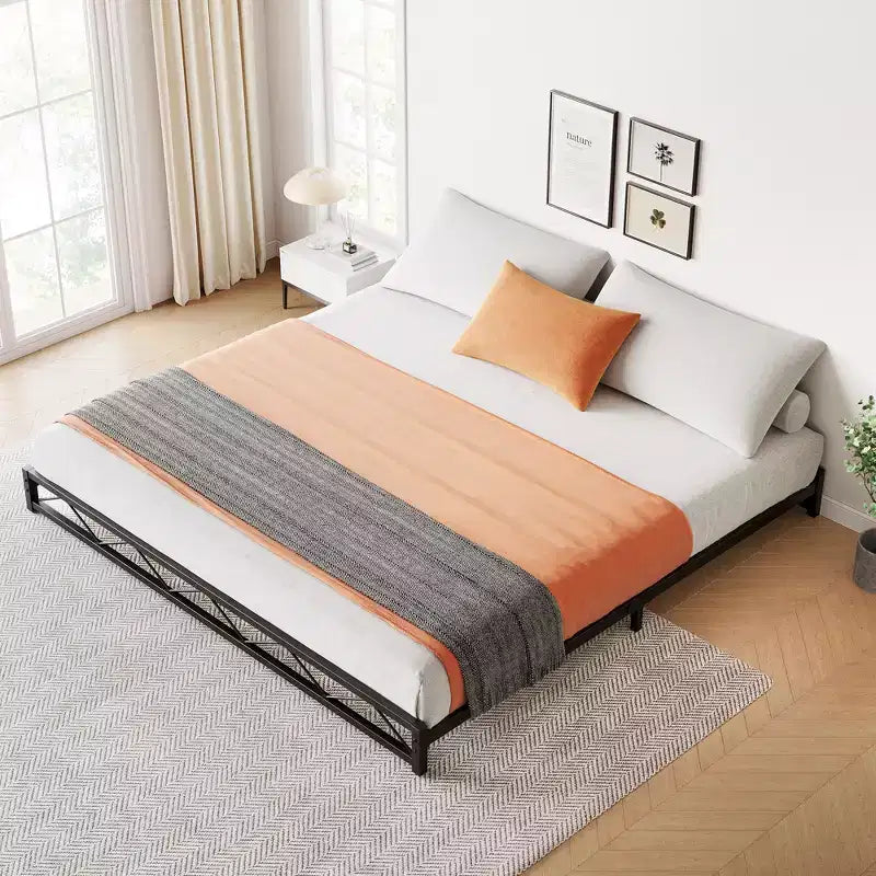 Struttura letto a piattaforma in metallo nero, motivo a onde, Queen/King/Full, per 1-2 persone