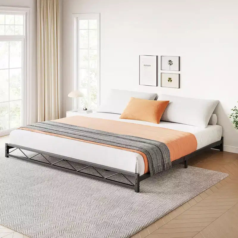 Struttura letto a piattaforma in metallo nero, motivo a onde, Queen/King/Full, per 1-2 persone