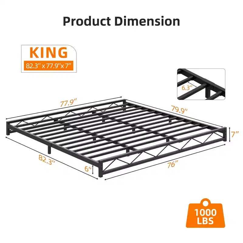 Struttura letto a piattaforma in metallo nero, motivo a onde, Queen/King/Full, per 1-2 persone