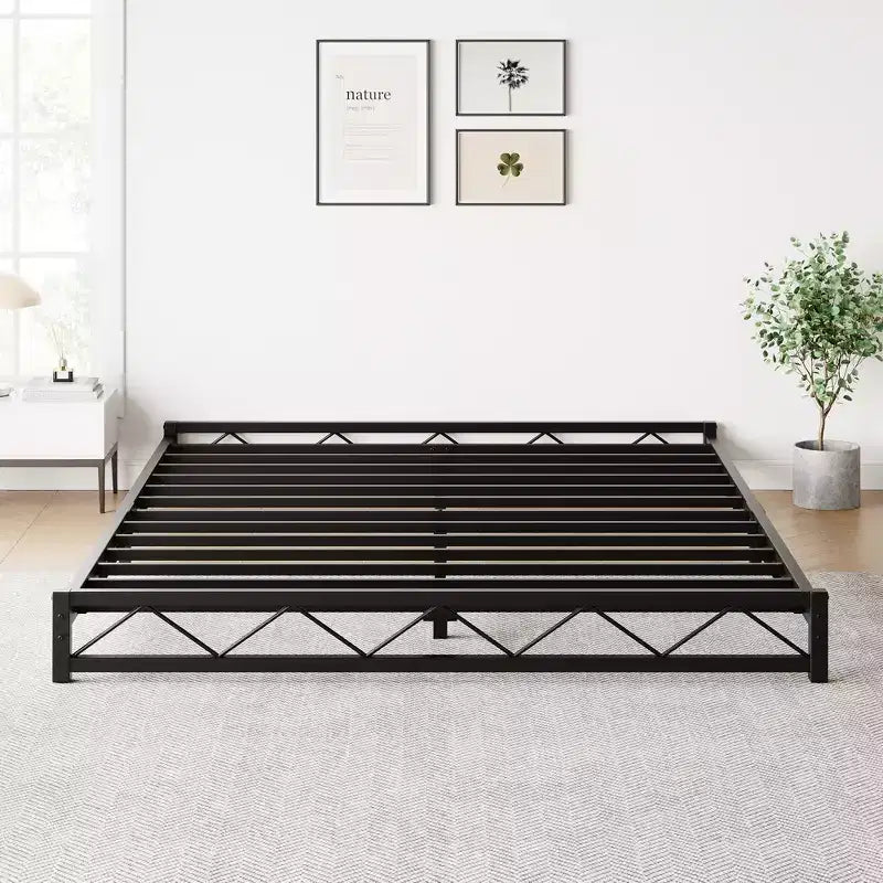Struttura letto a piattaforma in metallo nero, motivo a onde, Queen/King/Full, per 1-2 persone