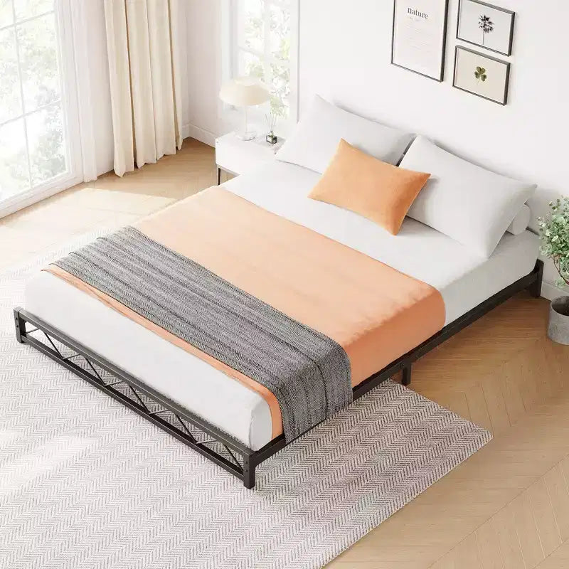 Struttura letto a piattaforma in metallo nero, motivo a onde, Queen/King/Full, per 1-2 persone