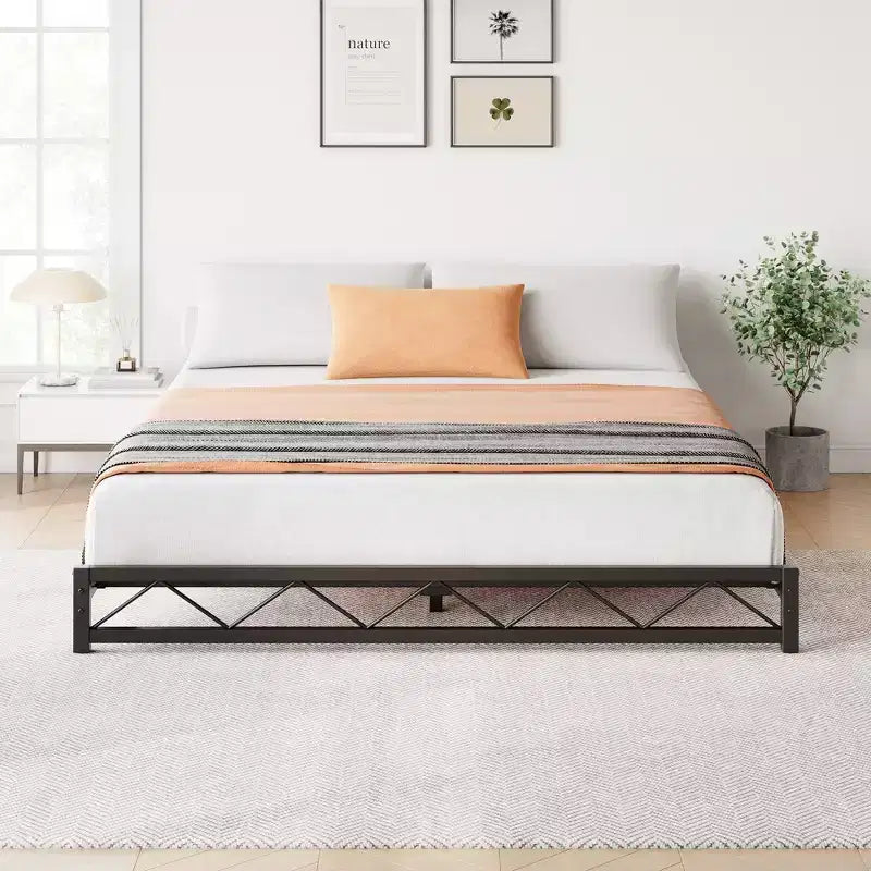 Struttura letto a piattaforma in metallo nero, motivo a onde, Queen/King/Full, per 1-2 persone