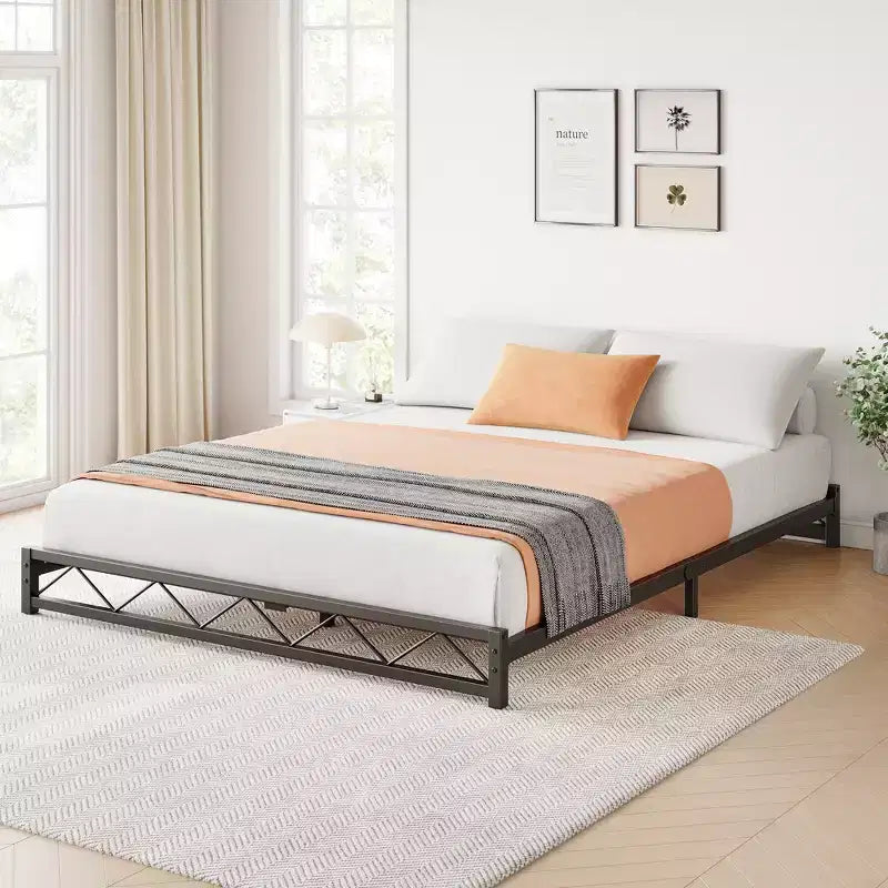 Struttura letto a piattaforma in metallo nero, motivo a onde, Queen/King/Full, per 1-2 persone