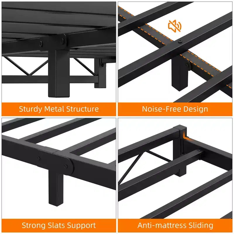 Struttura letto a piattaforma in metallo nero, motivo a onde, Queen/King/Full, per 1-2 persone