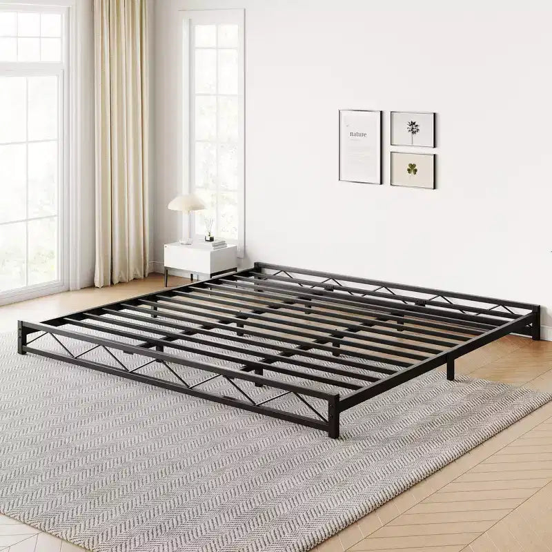 Struttura letto a piattaforma in metallo nero, motivo a onde, Queen/King/Full, per 1-2 persone