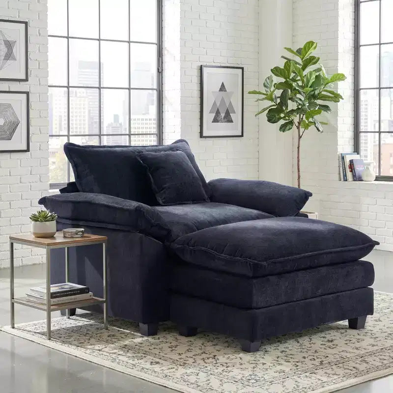 Poltrona d'accento in ciniglia con pouf, seduta singola, colori multipli