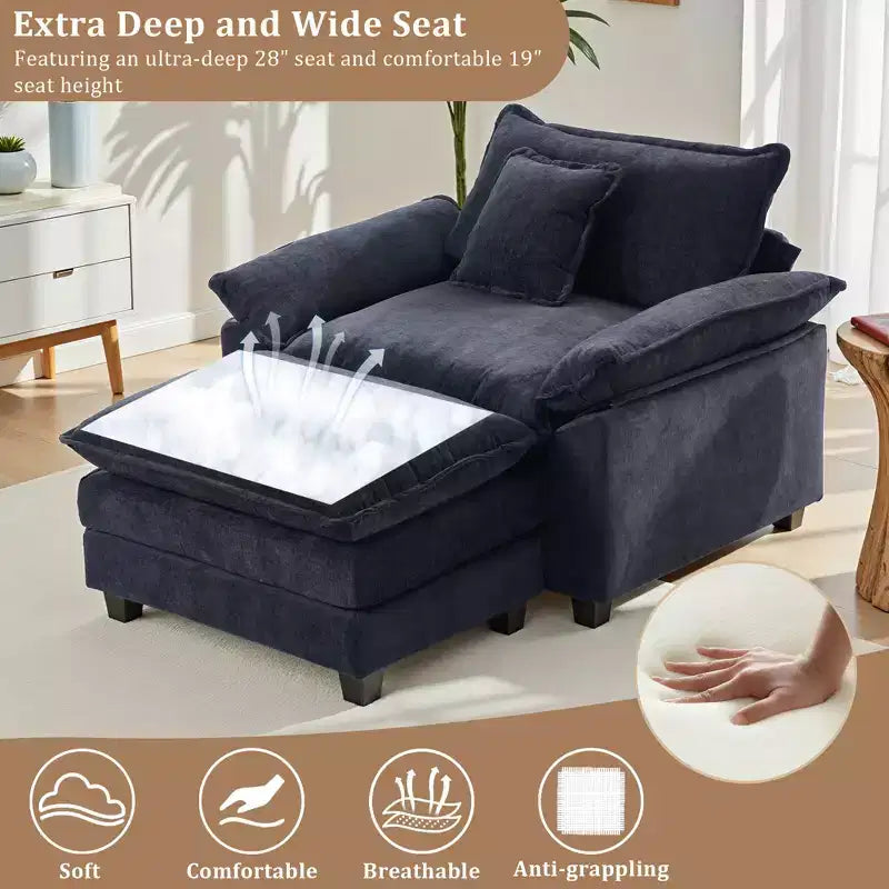 Poltrona d'accento in ciniglia con pouf, seduta singola, colori multipli