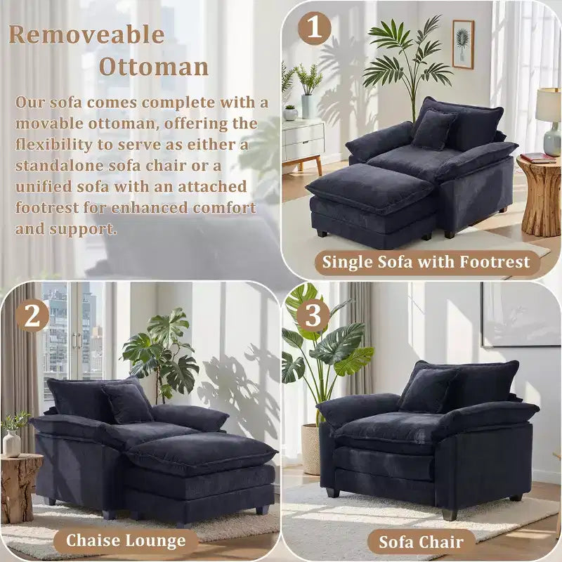 Poltrona d'accento in ciniglia con pouf, seduta singola, colori multipli