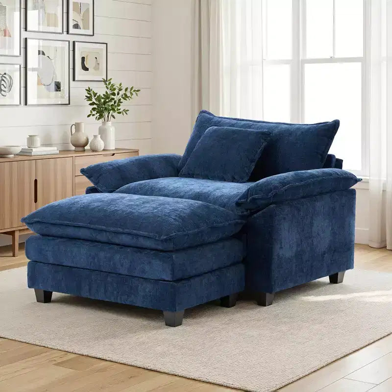 Poltrona d'accento in ciniglia con pouf, seduta singola, colori multipli