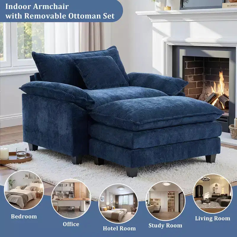 Poltrona d'accento in ciniglia con pouf, seduta singola, colori multipli