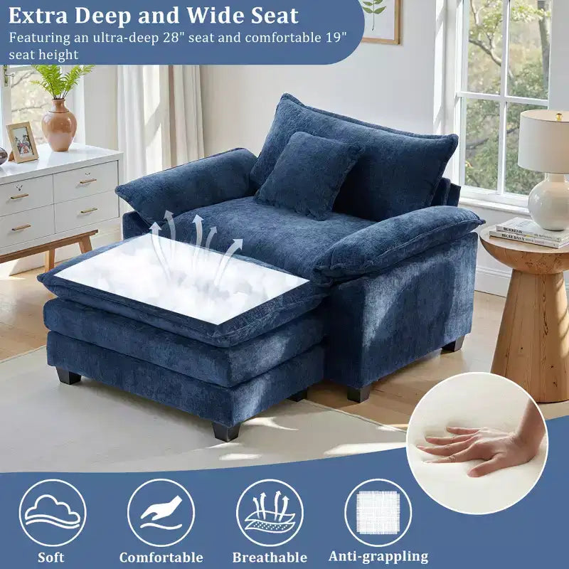 Poltrona d'accento in ciniglia con pouf, seduta singola, colori multipli