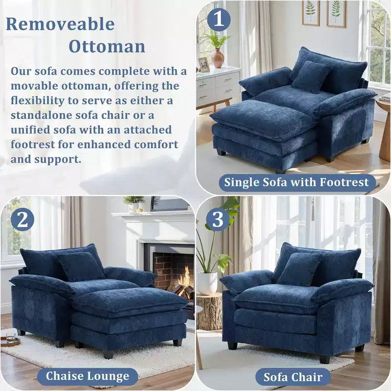 Poltrona d'accento in ciniglia con pouf, seduta singola, colori multipli
