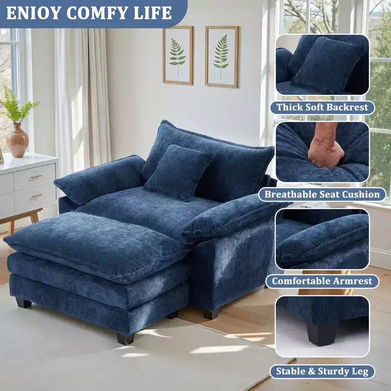 Poltrona d'accento in ciniglia con pouf, seduta singola, colori multipli