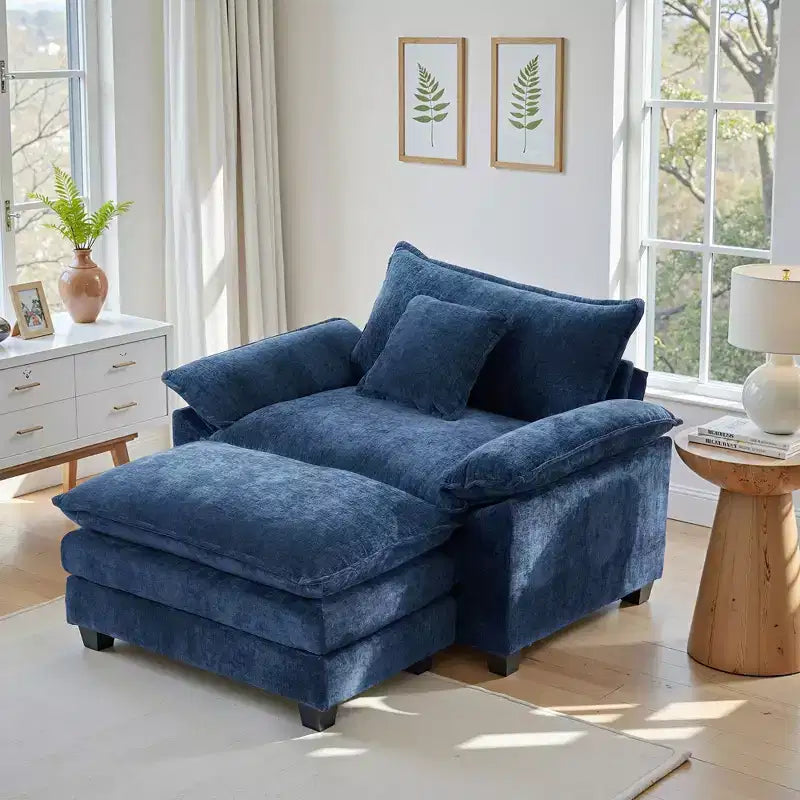 Poltrona d'accento in ciniglia con pouf, seduta singola, colori multipli