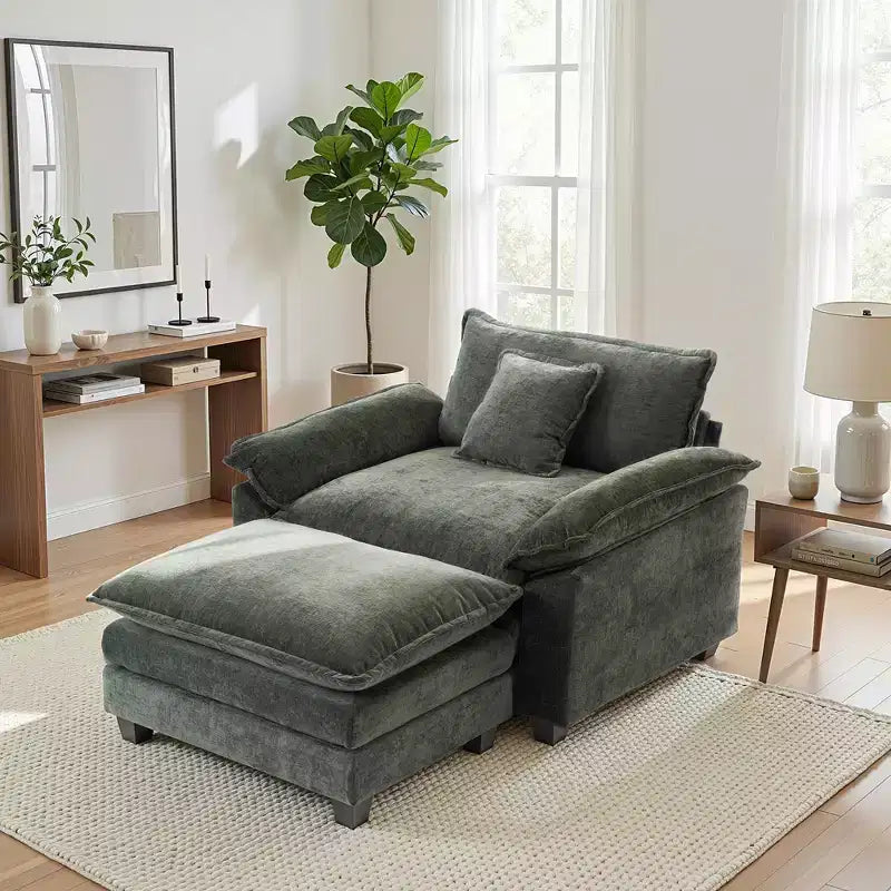 Poltrona d'accento in ciniglia con pouf, seduta singola, colori multipli