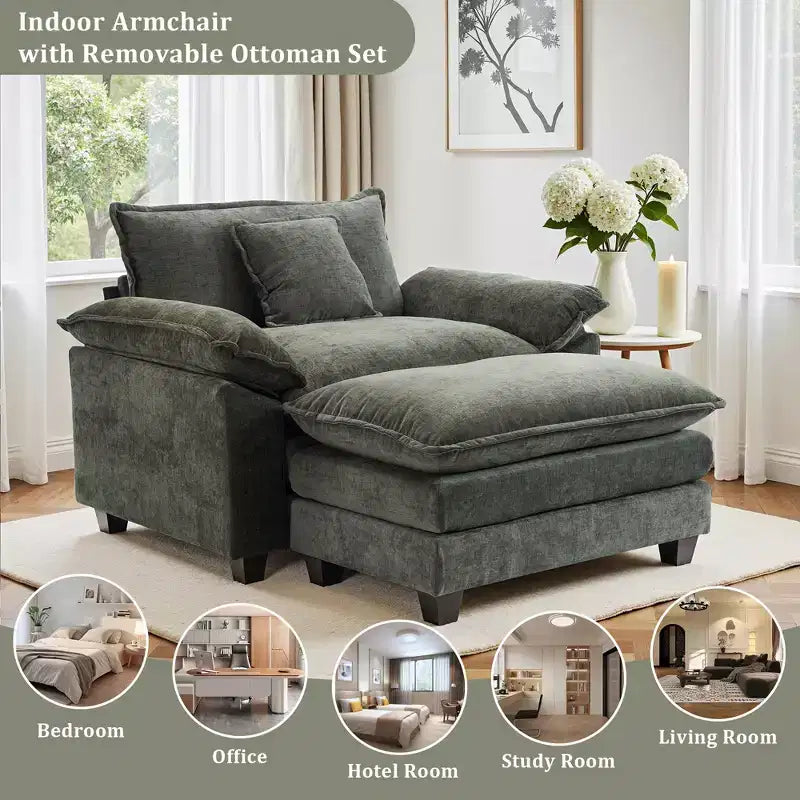 Poltrona d'accento in ciniglia con pouf, seduta singola, colori multipli