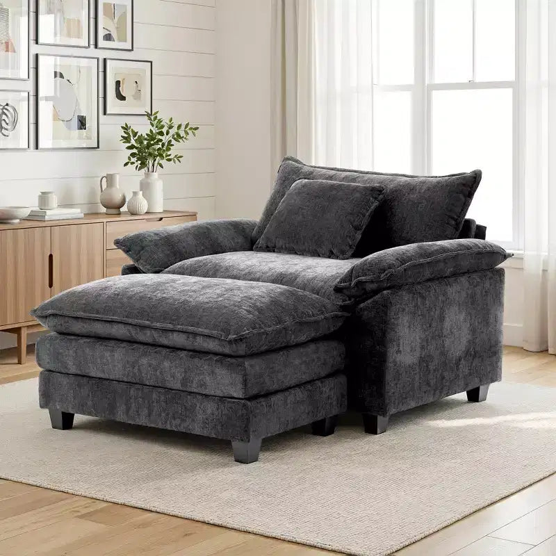 Poltrona d'accento in ciniglia con pouf, seduta singola, colori multipli