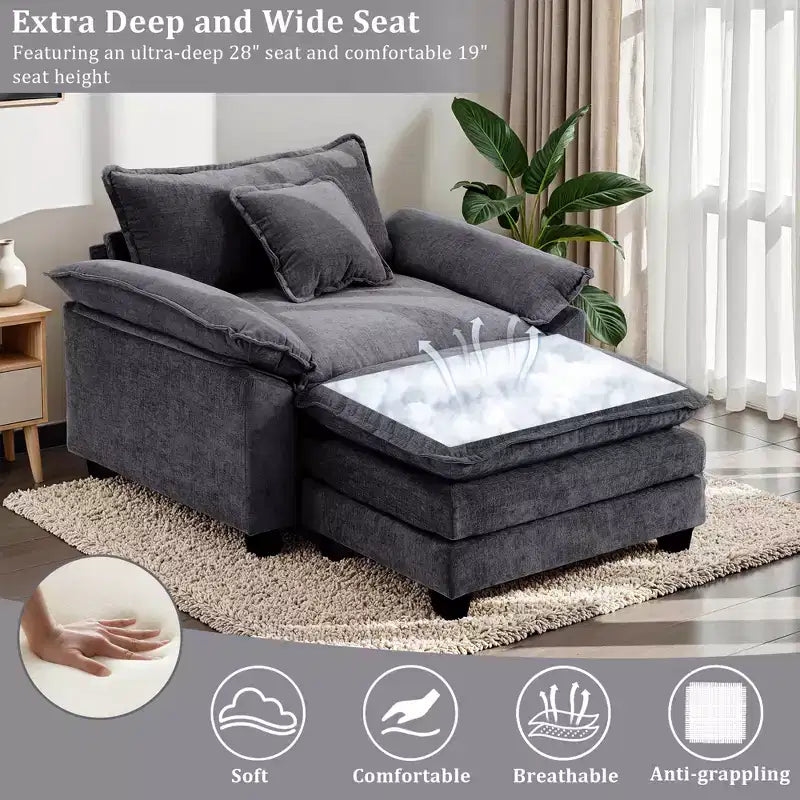 Poltrona d'accento in ciniglia con pouf, seduta singola, colori multipli