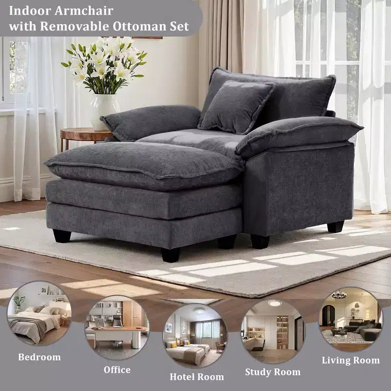 Poltrona d'accento in ciniglia con pouf, seduta singola, colori multipli