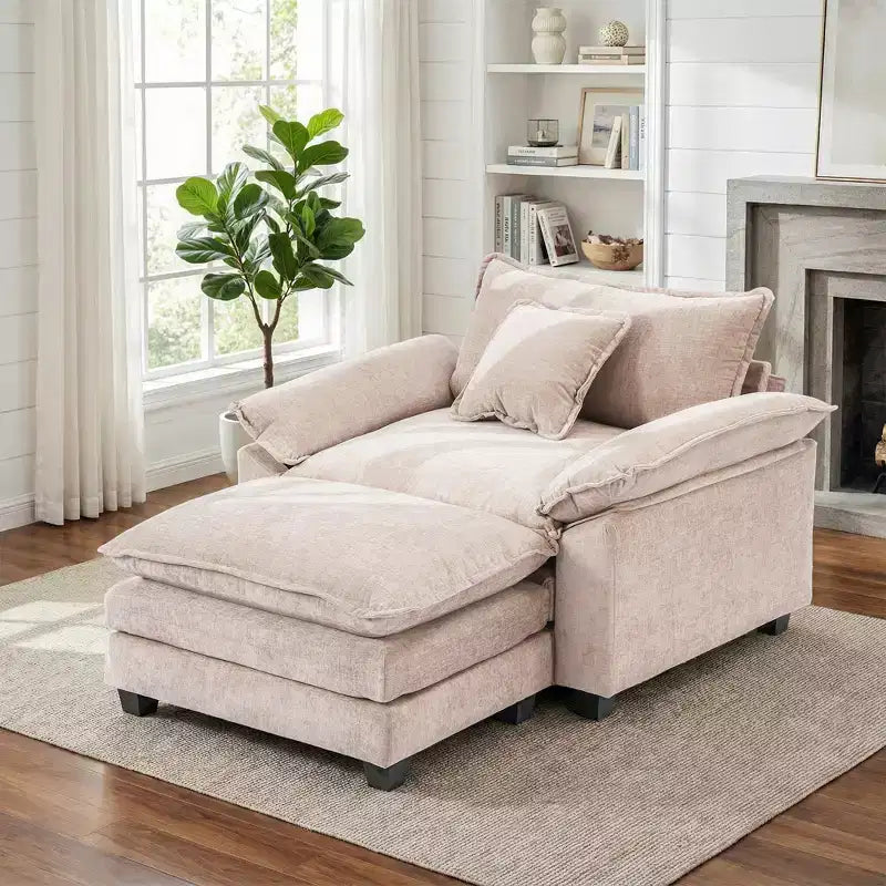 Poltrona d'accento in ciniglia con pouf, seduta singola, colori multipli