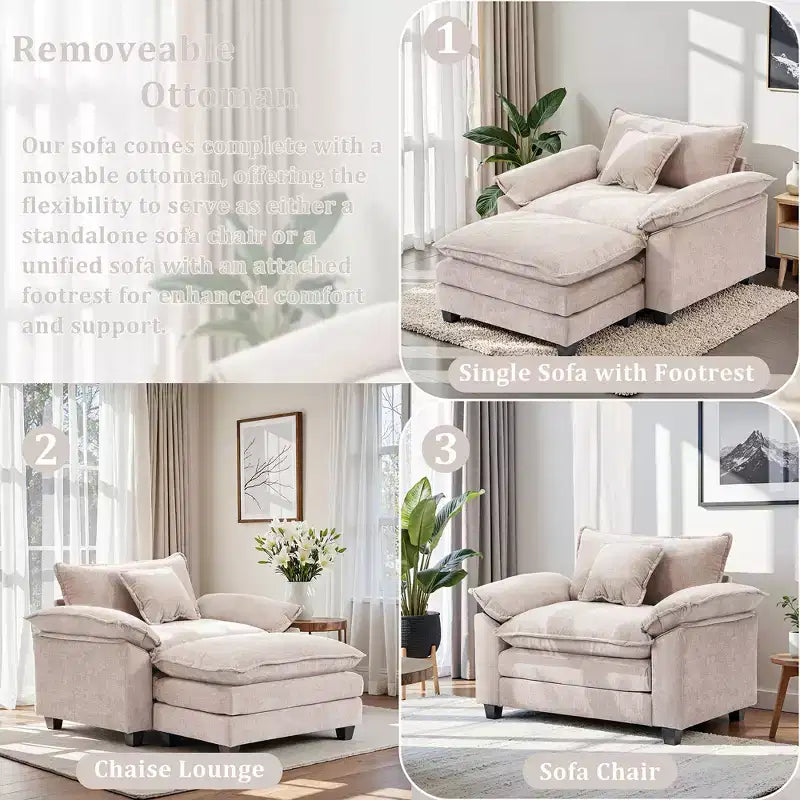 Poltrona d'accento in ciniglia con pouf, seduta singola, colori multipli