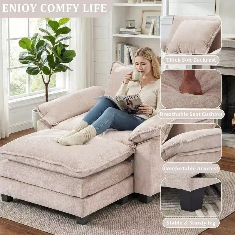 Poltrona d'accento in ciniglia con pouf, seduta singola, colori multipli
