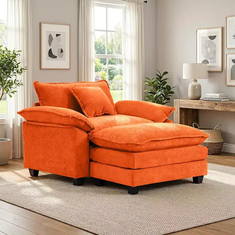 Poltrona d'accento in ciniglia con pouf, seduta singola, colori multipli