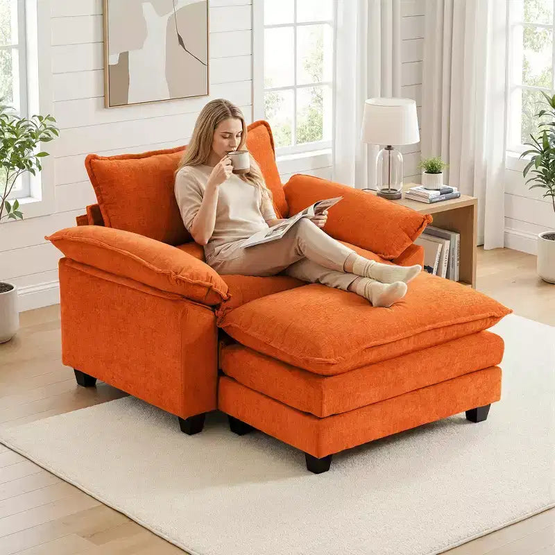 Poltrona d'accento in ciniglia con pouf, seduta singola, colori multipli