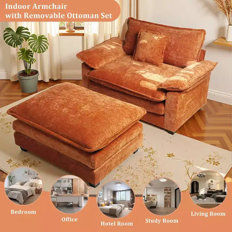 Poltrona d'accento in ciniglia con pouf, seduta singola, colori multipli