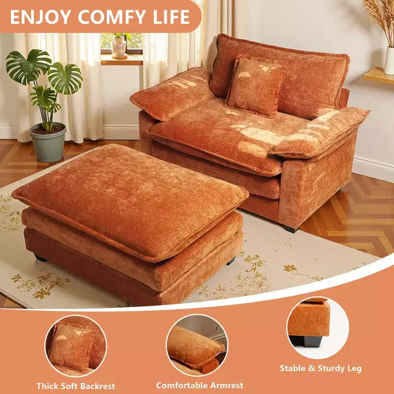 Poltrona d'accento in ciniglia con pouf, seduta singola, colori multipli