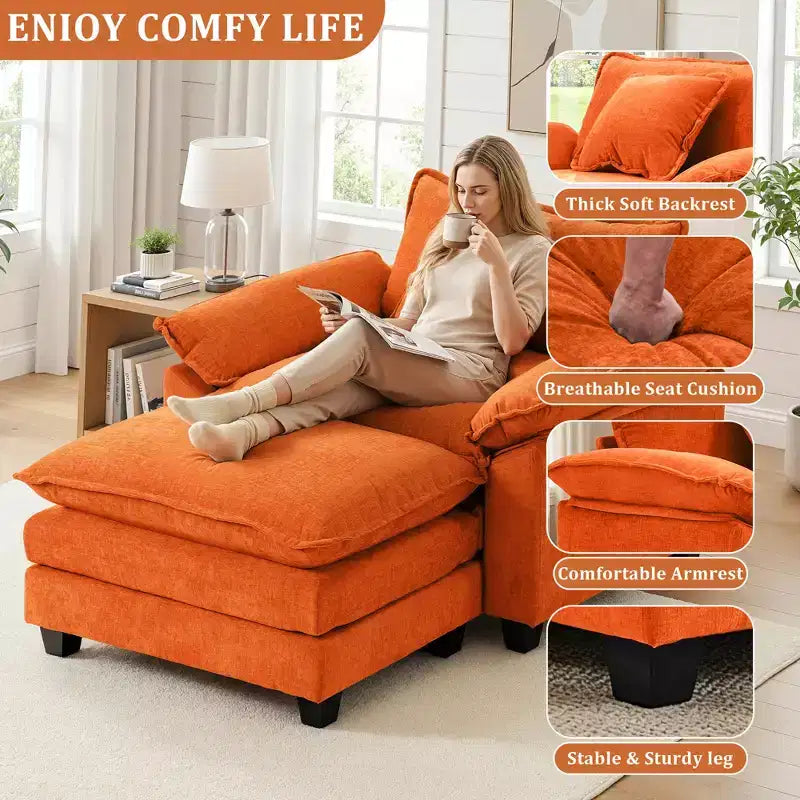 Poltrona d'accento in ciniglia con pouf, seduta singola, colori multipli