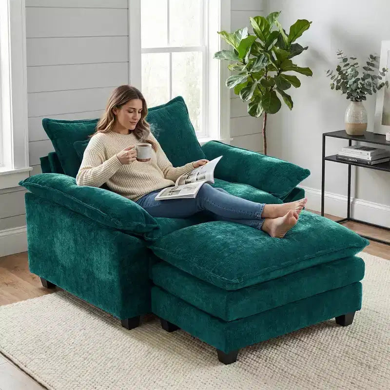 Poltrona d'accento in ciniglia con pouf, seduta singola, colori multipli