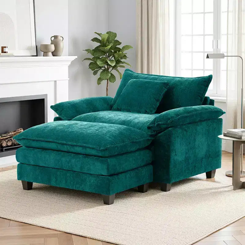 Poltrona d'accento in ciniglia con pouf, seduta singola, colori multipli