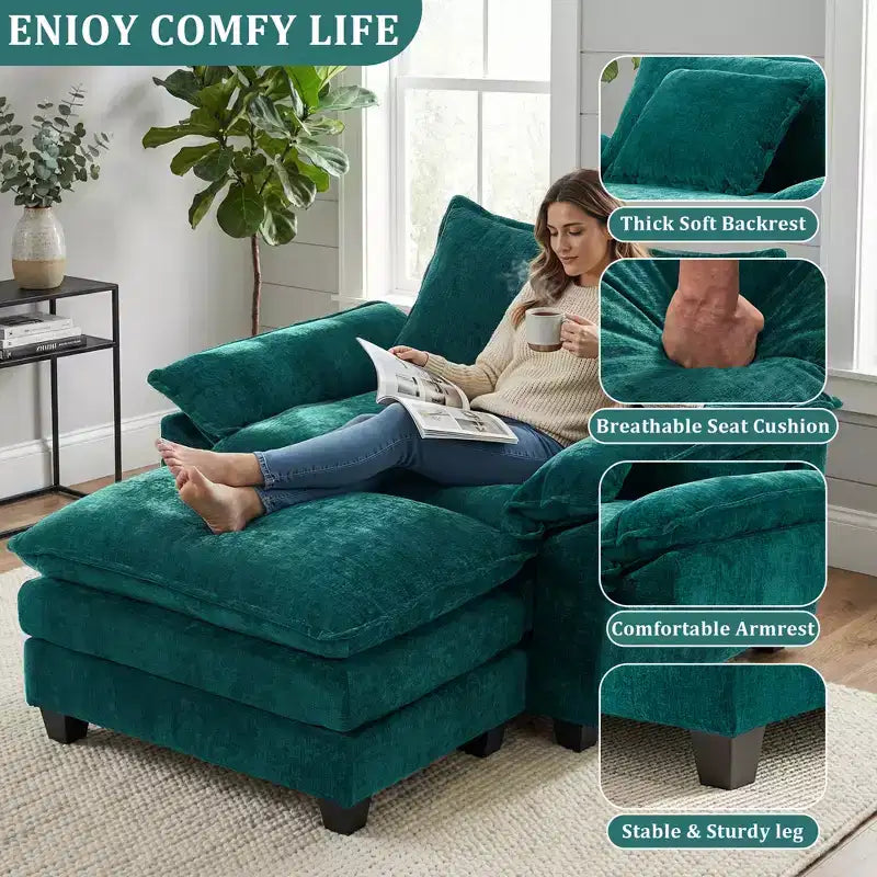 Poltrona d'accento in ciniglia con pouf, seduta singola, colori multipli