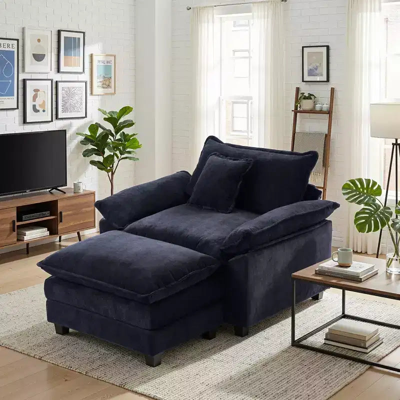 Poltrona d'accento in ciniglia con pouf, seduta singola, colori multipli